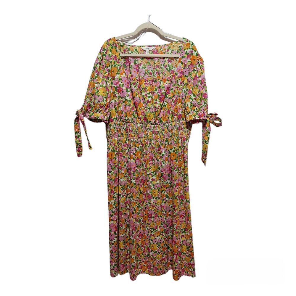 Terra & Sky Womens Size 2X 20/22W Dress Smocked Torso‎ Floral Print 100% Cotton